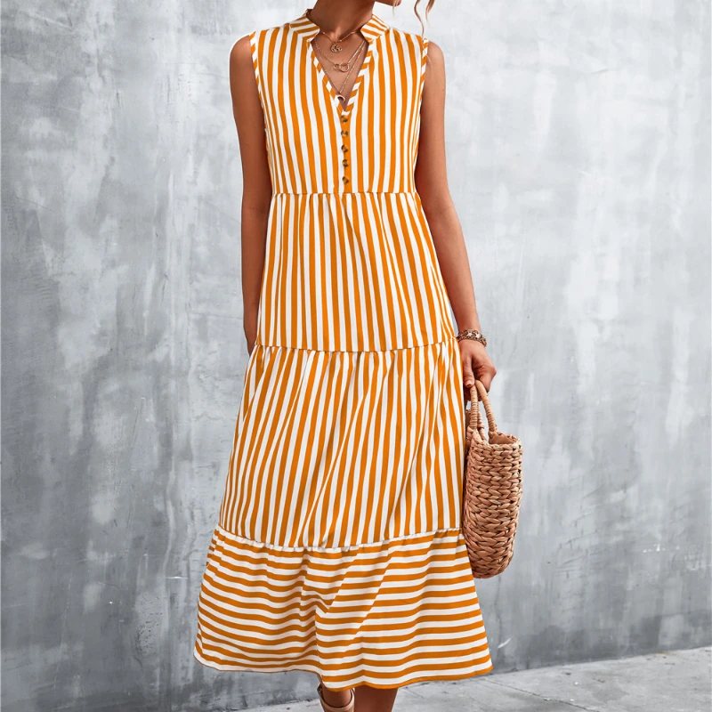 

Ladies Vintage Boho Summer Dress Women Sleeveless Casual Holiday Striped Shirt Dress Women Sundress Outfits Female Robe Vestidos