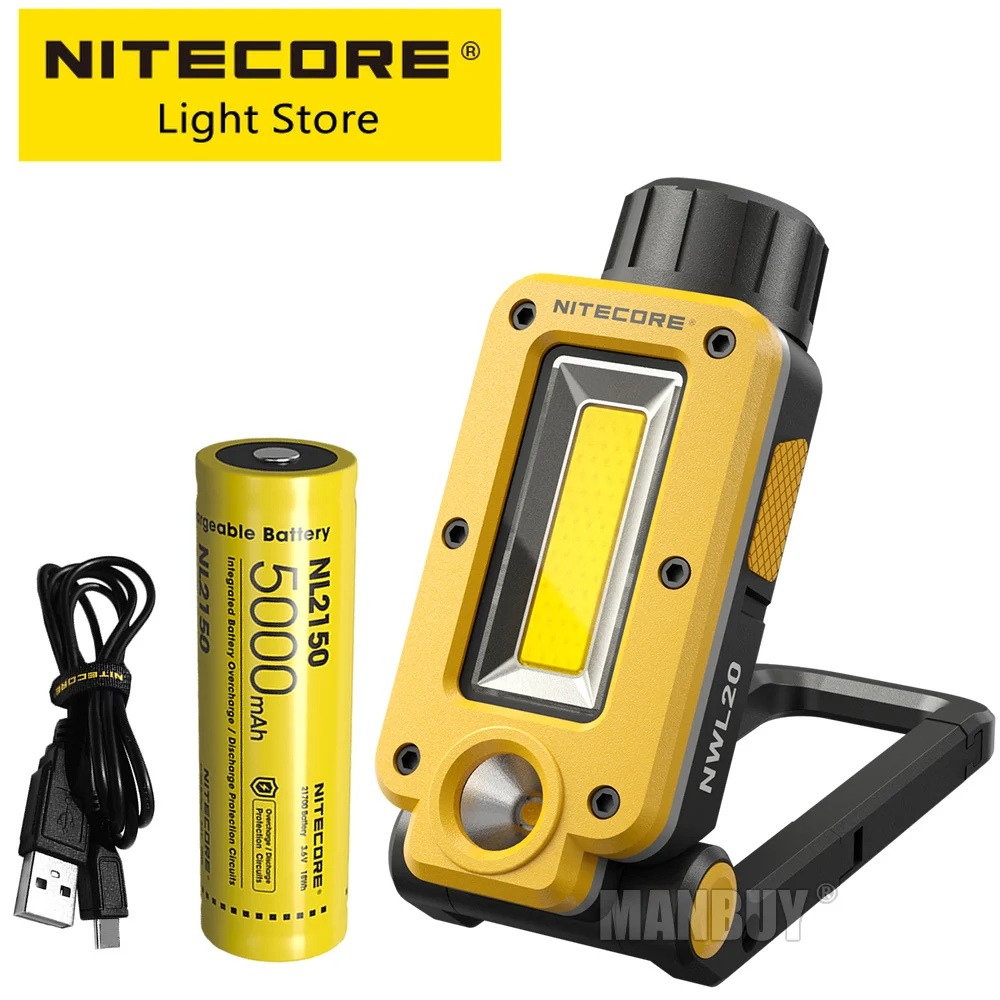 Nitecore NWL20 USB-C Rechargeable Work Light 180° Adjustable Multifunctional Triple Output Floodlight Spotlight + 21700 Battery