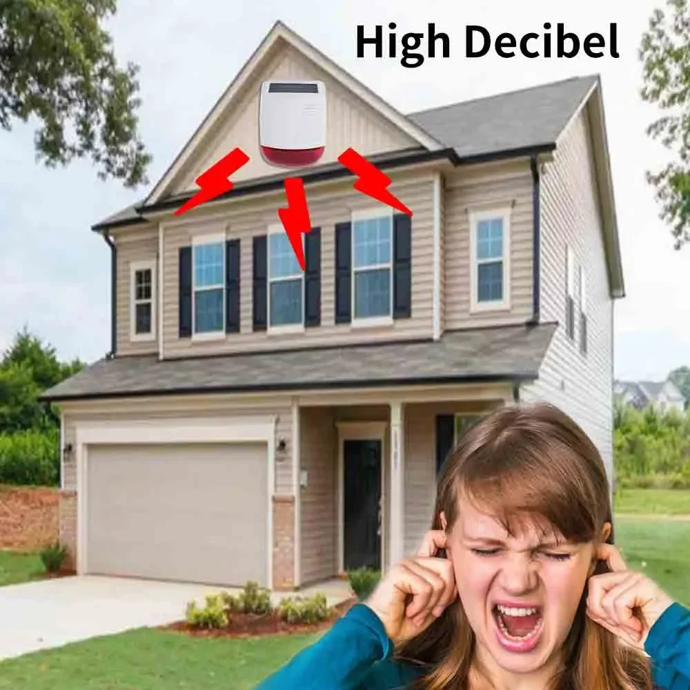 Solar Wireless Security Siren 433MHz - 120dB Loud Outdoor Alarm + Strobe Light, Waterproof Smart Home Burglar System