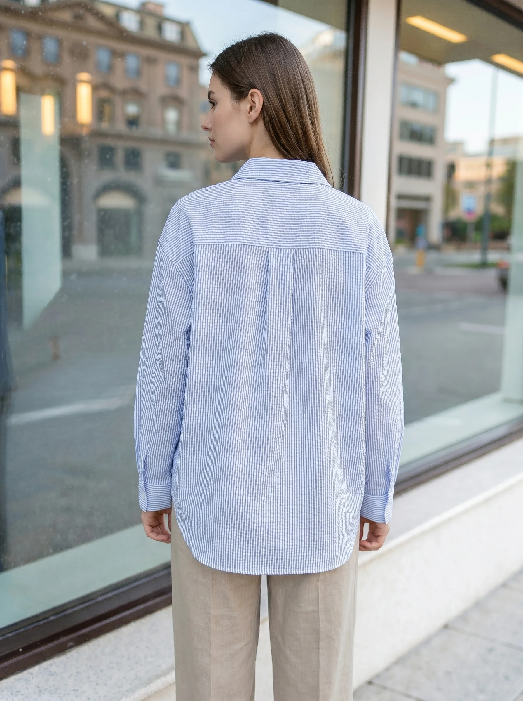 Rosa Fera Damen Gestreiftes Hemd mit Knöpfen, Langarm, Locker Geschnitten, Lässige Büro-Bluse – Detail 9