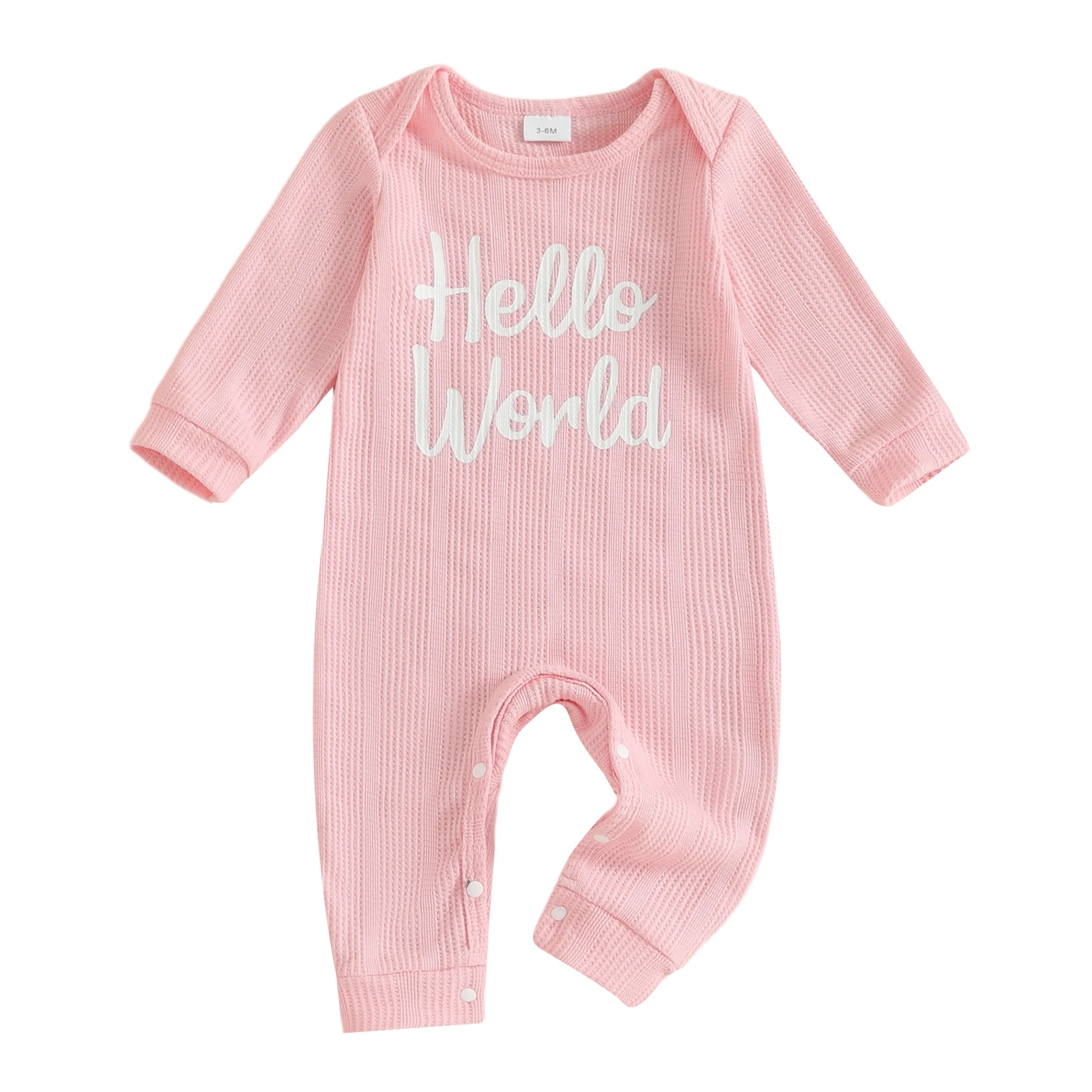 

Baby Girls Waffle Romper Fashionable Letters Printed Round Neck Long Sleeve Jumpsuit