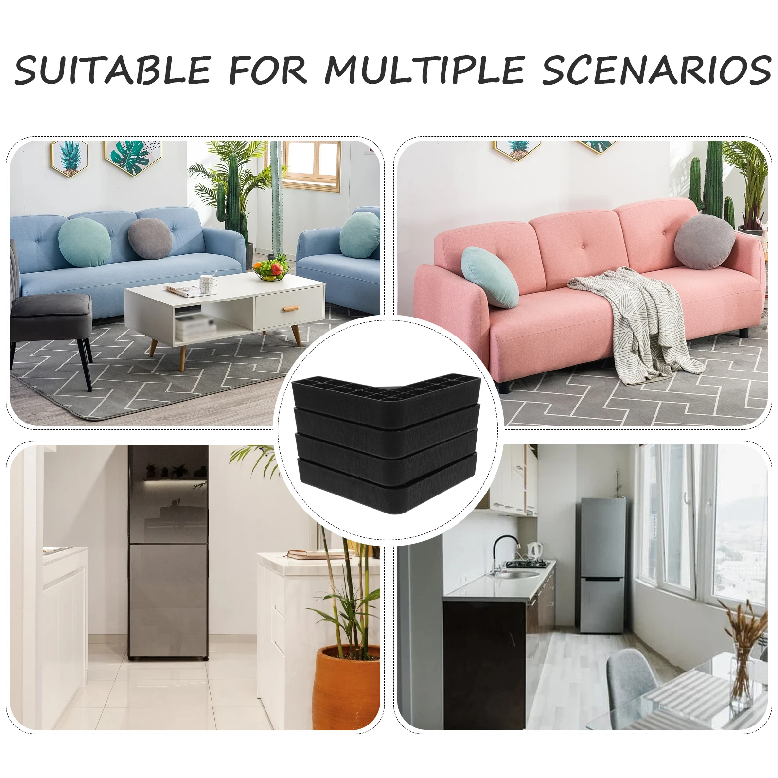 

4pcs Support Feet Bed Lifts Black Furniture Table Risers Legs for Bed Sofa Cabinet Washer Fridge Storage Riser