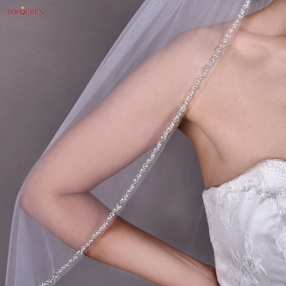 

TOPQUEEN Свадебная фата из бисера Фата с кристаллами и жемчугом Короткая фата для невесты Однослойная белая слоновая кость Свадебные аксессуары Настраиваемые V32