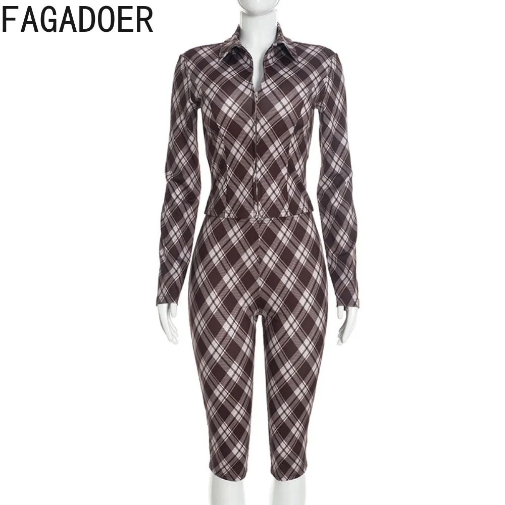 FAGADOER Women Vintage Plaid 2 Piece Set Collared Front Zip Long Sleeve Crop Top High Waist Bodycon Capri Pants Matching Outfit - view 5