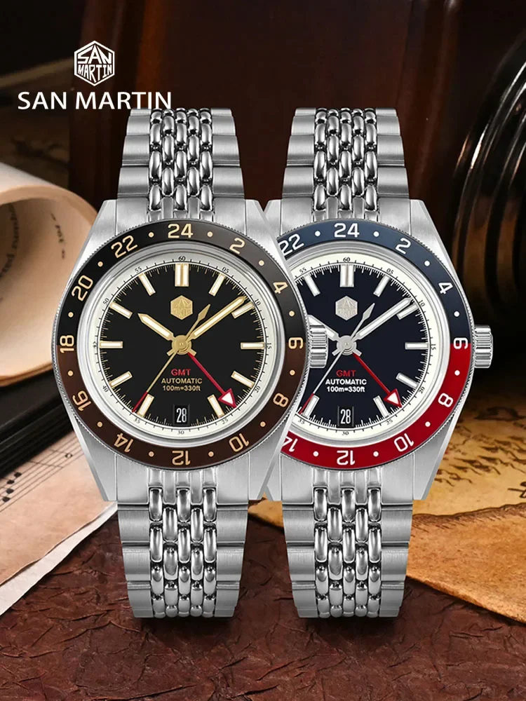 San Martin New 39.5mm NH34 GMT Men Watch Bidirectional Aluminum Bezel Luxury Automatic Mechanical Sapphire 10Bar Luminous SN0116