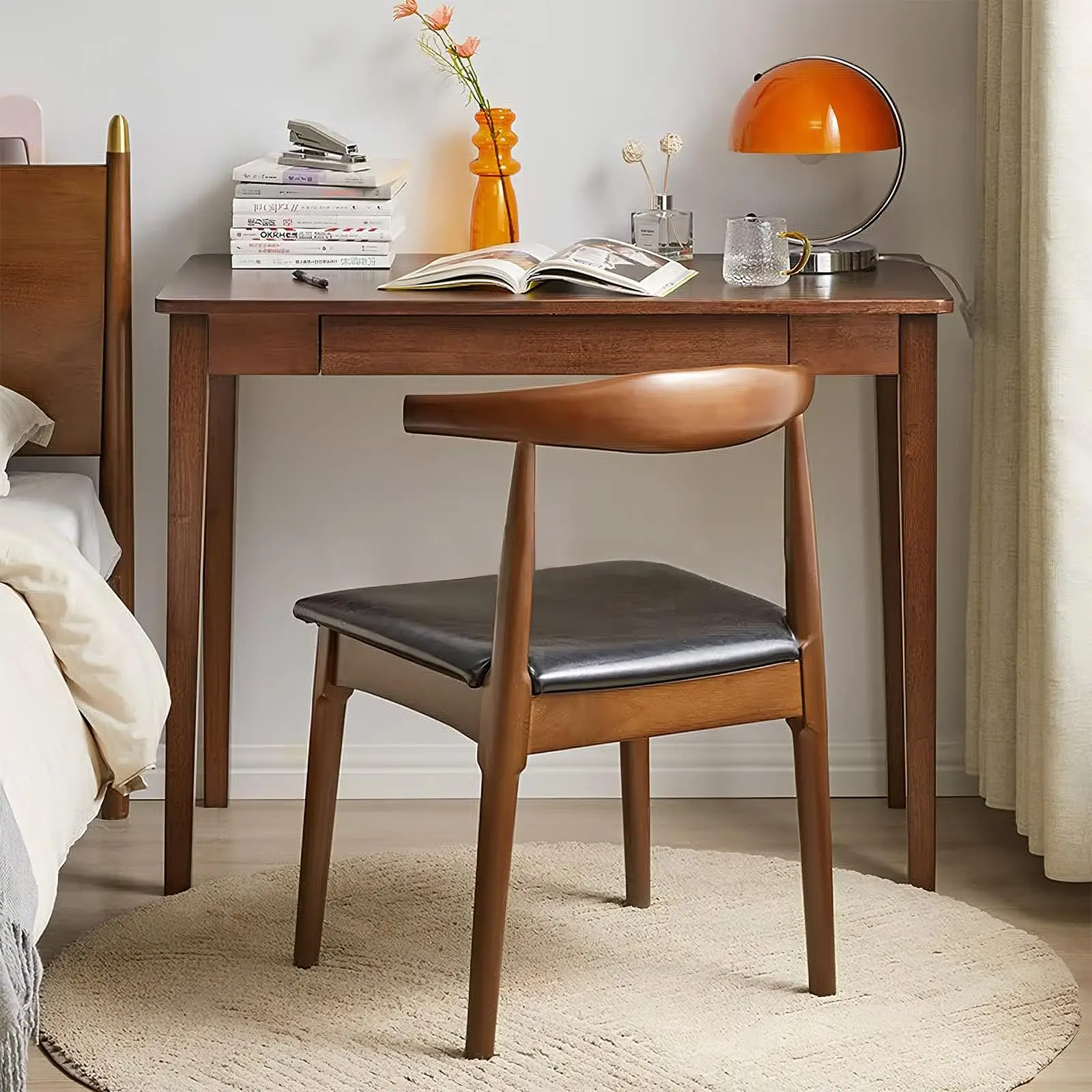 

Mid Century Modern Solid Wood Computer Desk With Single Drawer Walnut Finish Home Office Study Table