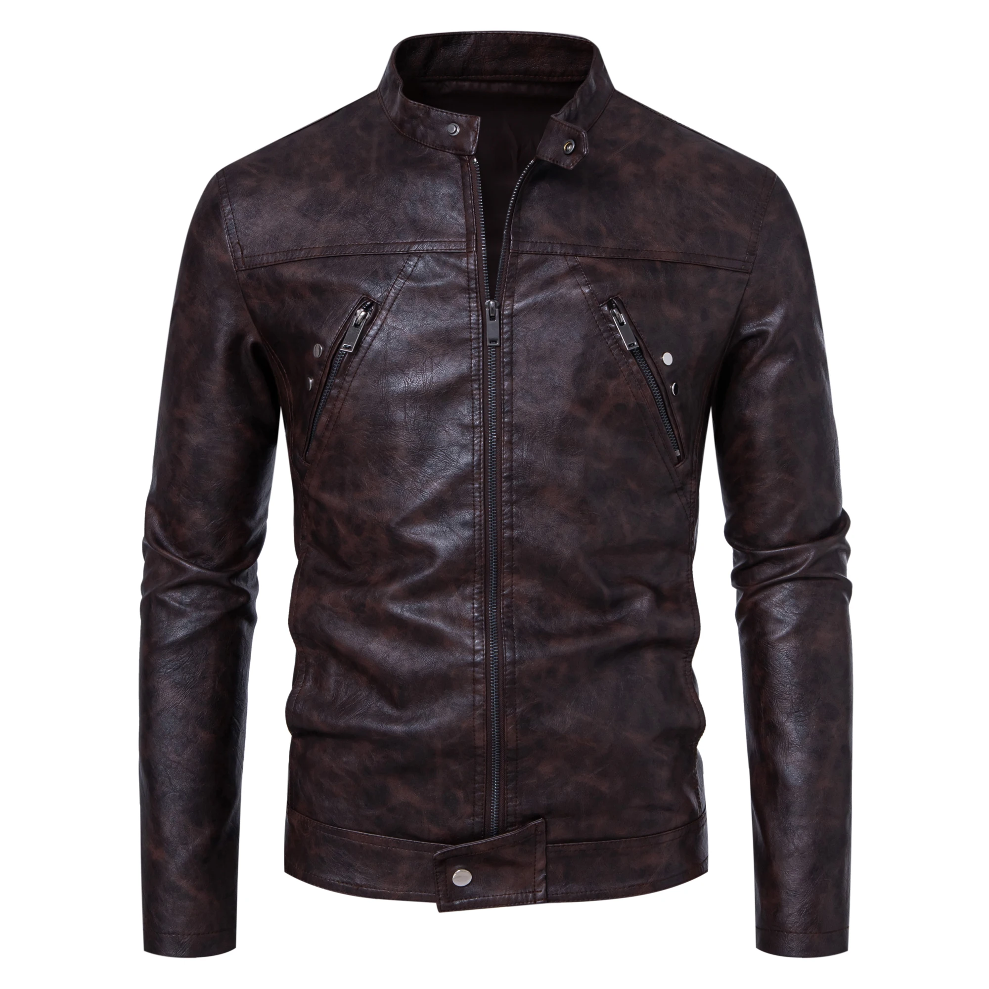 

Men Trench Coats Men Slim Autumn Causal Vintage Leather Jacket Coat Men Design Motorcycle Biker Zipper Pocket PU Leather Jacket
