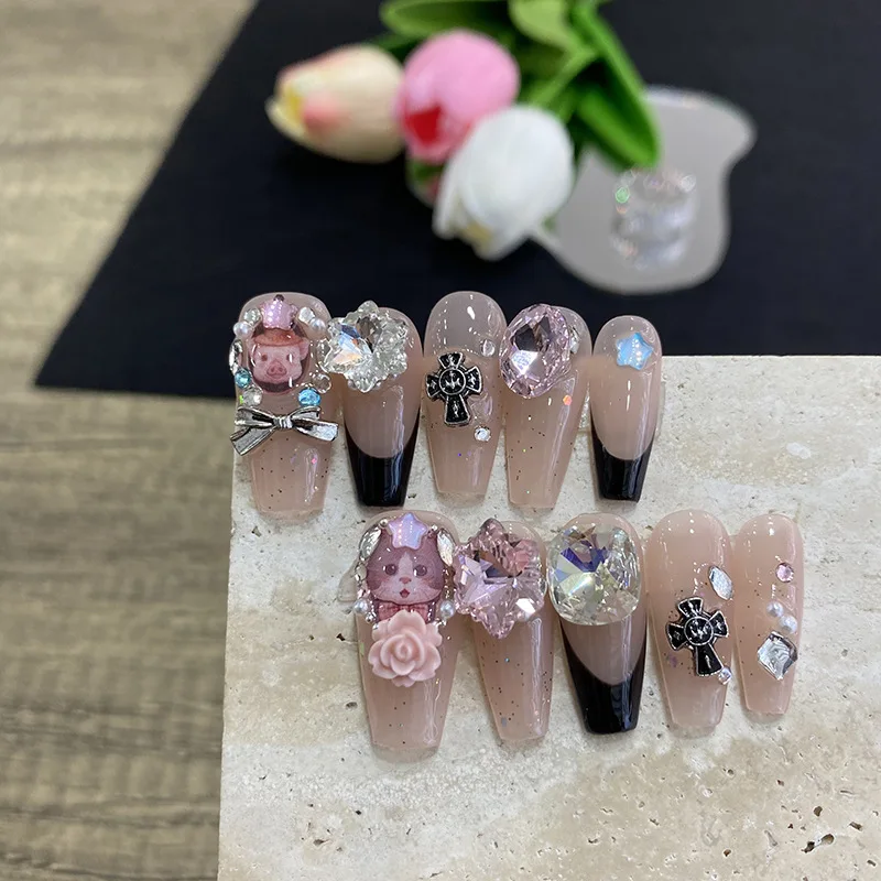 

Advanced French Handmade Press on Nail With Rhinestones Ballerina Professional Wearable Fake Nails For Girl Shiny Bling Nail Art