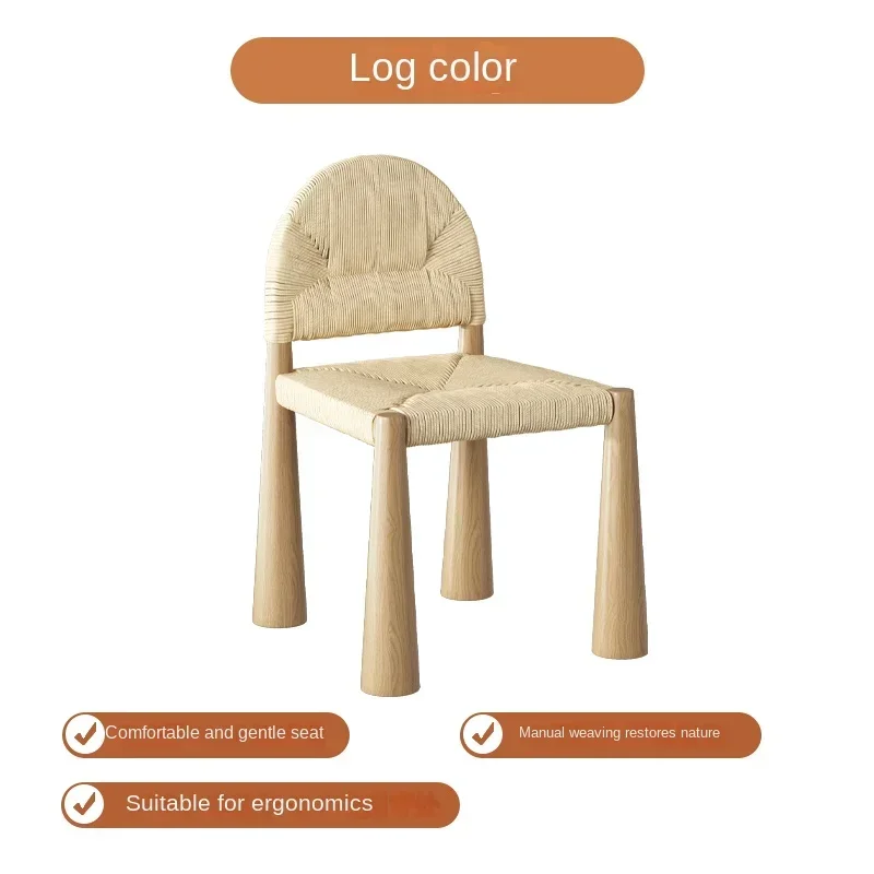 Minimalist cream style designer style retro solid wood rattan chair rope woven single person backrest dining chair