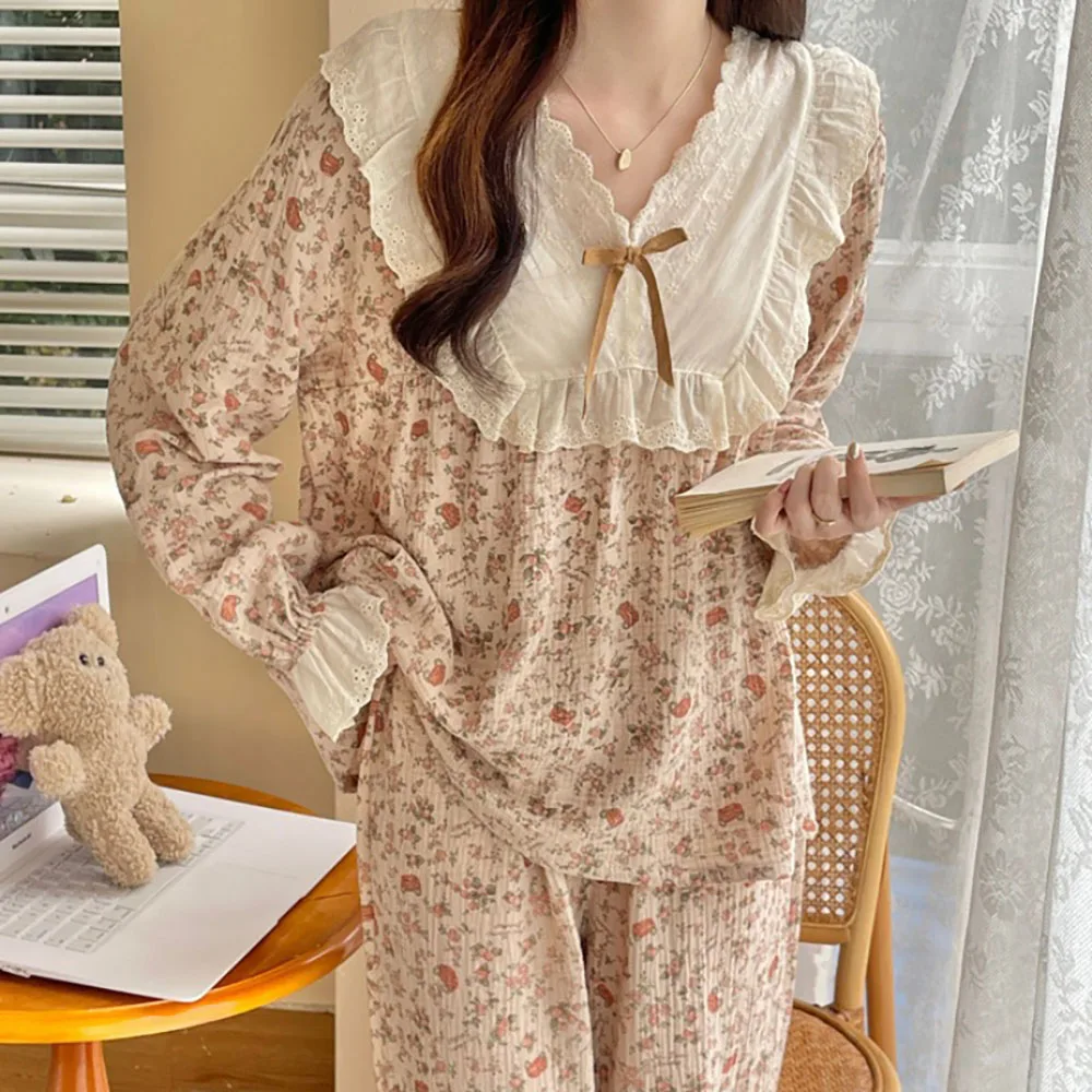 Pajamas For Women Spring Autumn New Long Sleeve Lace Floral V-Neck Cotton Pullover Top+Pants 2Pcs Ladies Home Sleepwear Sets