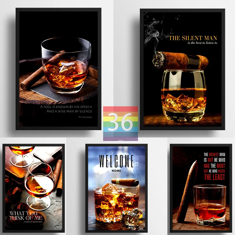 Cigar and Whiskey Poster Canvas Printing Man Cave Wall Art Picture Cigar Lounge Wall Decor Aesthetic Wall Decoration for Bar