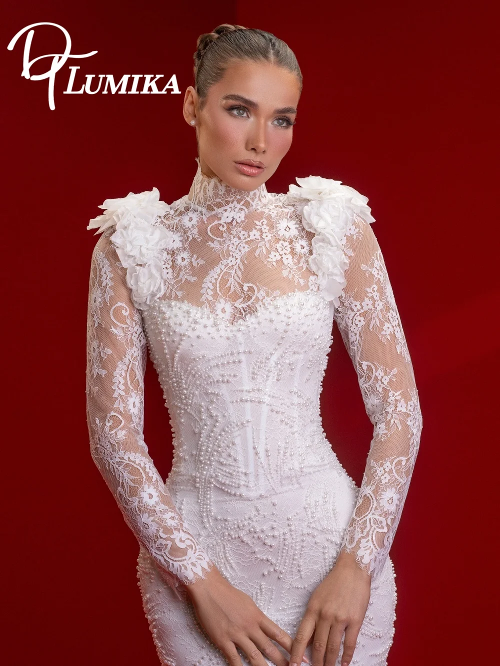 

Изысканное свадебное платье с жемчужными бусинами и длинными рукавами, романтичное кружевное платье-русалка с высоким воротом, индивидуальный пошив, Vestidos De Novia