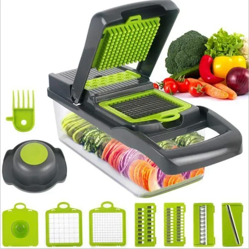 Kitchen Gadgets Vegetable Fruit Cutter Multifunction 14 In 1 Anti-Cut Steel Blade Potato Slicer Peeler Dicing Carrot Cheese Grat