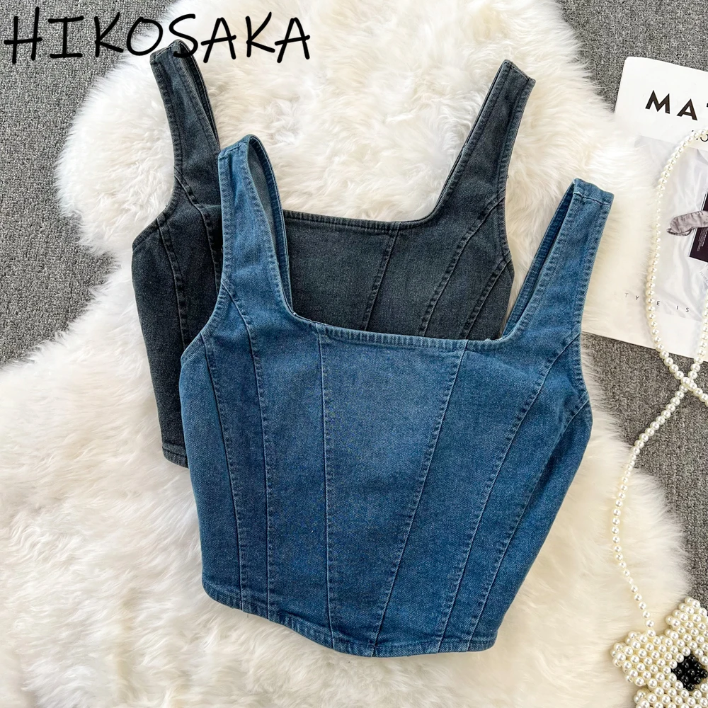 

Vintage Elegant Crop Top Women Summer Denim Camisole Vests Outwear All-match Fashion Zipper Backless Tanks Y2k Trendy Clothes
