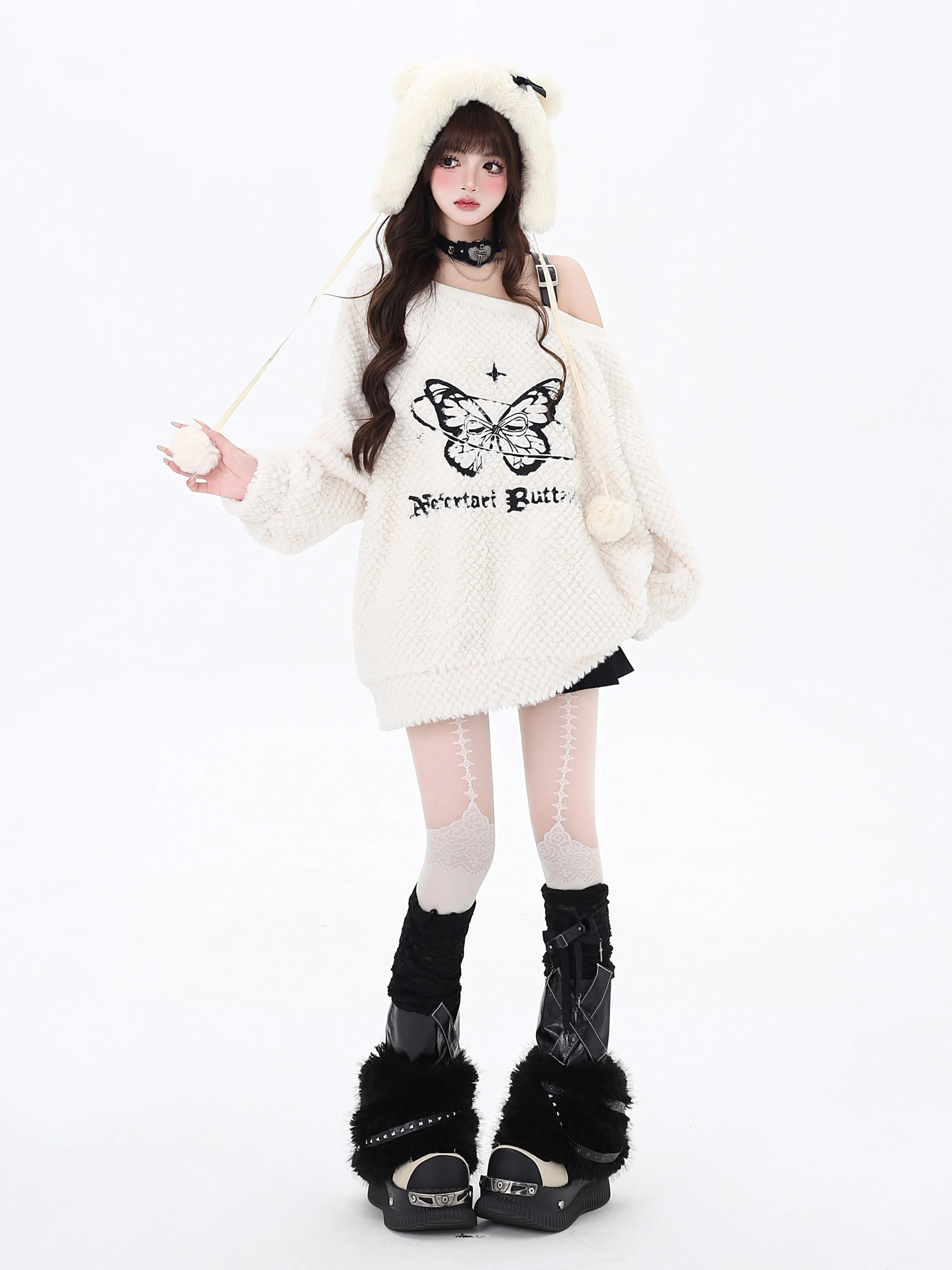 Y2k Sweet Cool Butterfly Autumn Winter Loose Irregular Slanted Shoulder Sweater Cute Girl Long Sleeve Solid Color Versatile Top