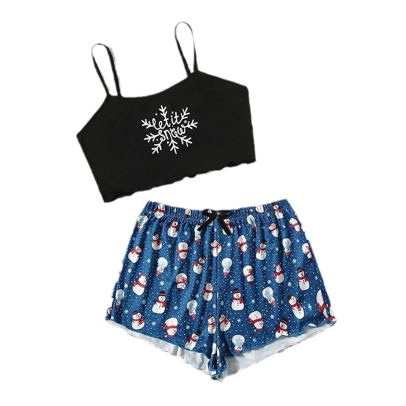 Sexy Female Christmas Pajamas, Sling Tank Top, Shorts, Snowflake Deer Loungewear Two-piece Set Pajamas for Women