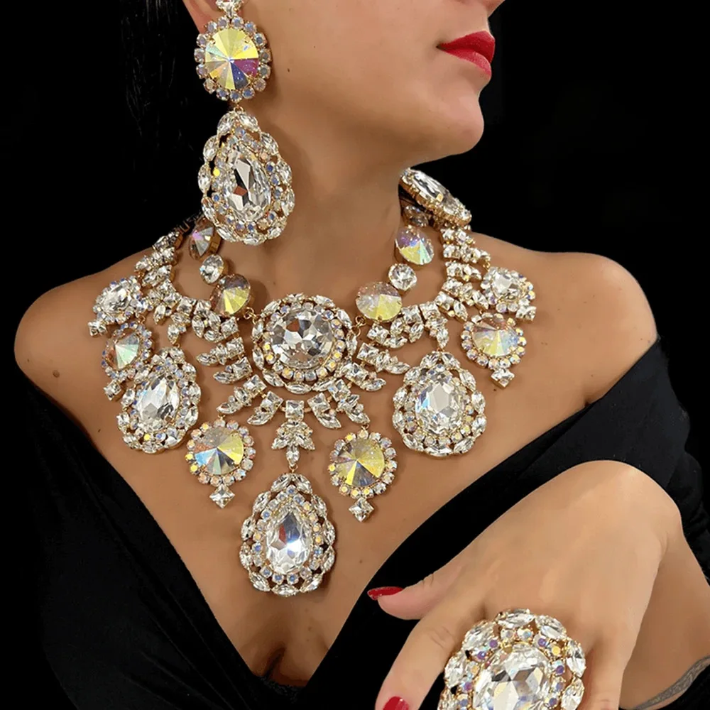 

Luxury AB Color Water Drop Rhinestone Jewelry Sets for Women Bridal Necklace Earrings Set Dubai African Women's Jewellery Gift