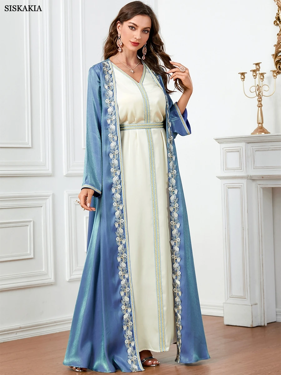 Siskakia Ramadan Satin Caftan Marocain Femme 2 Piece Abaya Set For Muslim Women Chic Appliques Belted Robe Arabic Africano Mujer