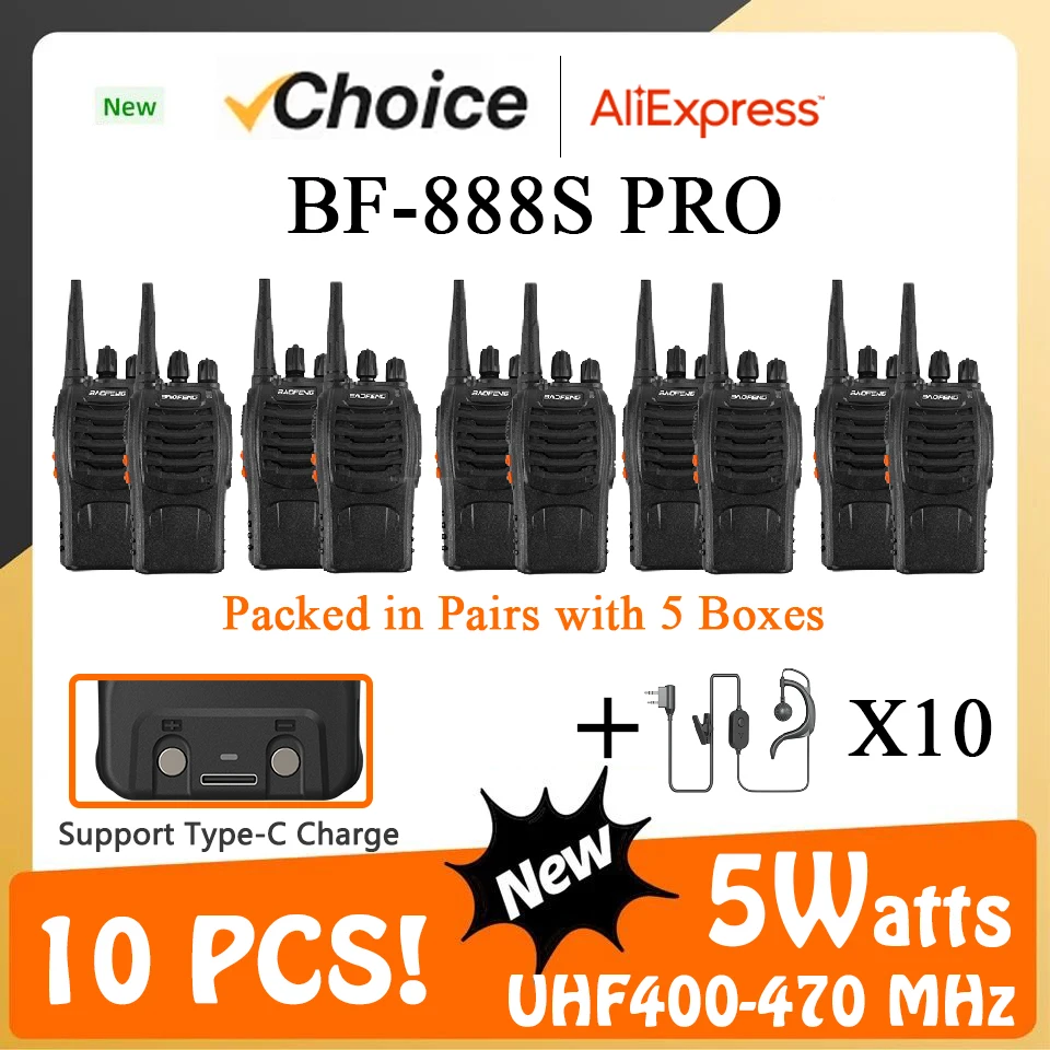 

10pcs Baofeng BF-888S Pro Walkie Talkie Type-C Charge Frequency Copy Two Way Ham Radios UHF 400-470MHz Mini Radio CB Transceiver