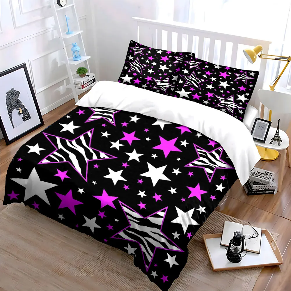 Colorful Stars with Zebra Patterns Printed Duvet Cover Set 1 Duvet Cover+2 Pillowcase Multi Size Bedroom Bedding Decor