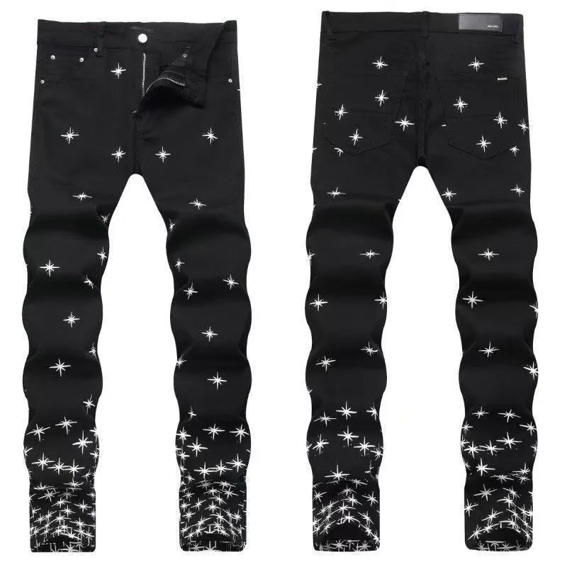 Autumn and Winter Fashion Trend Print Retro Straight Tube Elastic Men's Denim Pants Casual Sports Comfortable High-Quality Jeans