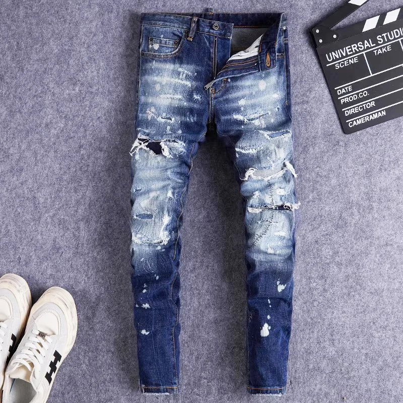 Y2KFashionable new men's jeans blue bizarre graffiti gradient washed elastic tight jeans, high street hip-hop pants Y2K