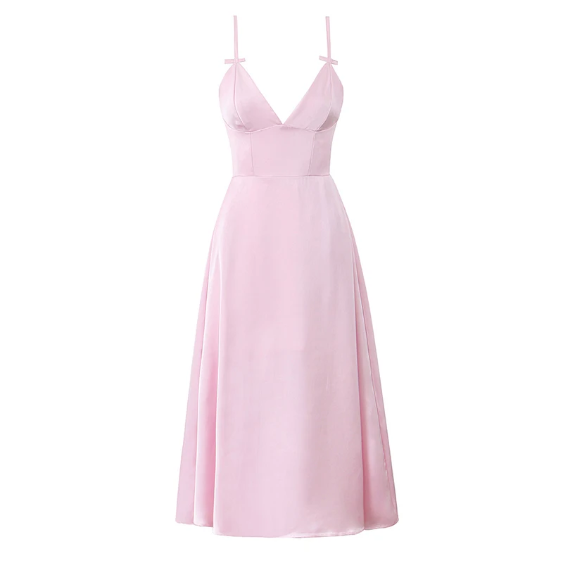 Abito elegante sexy da donna in raso rosa con spalline sottili e scollo a V, abiti da sera midi a trapezio