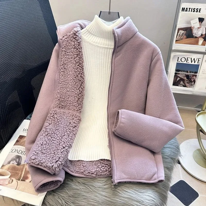 2025 Casual Polar Fleece Sweatshirt Women's Stand-up Collar Short Coat Autumn Winter Zipper-up Thicken Jacket Lady Warm Tops