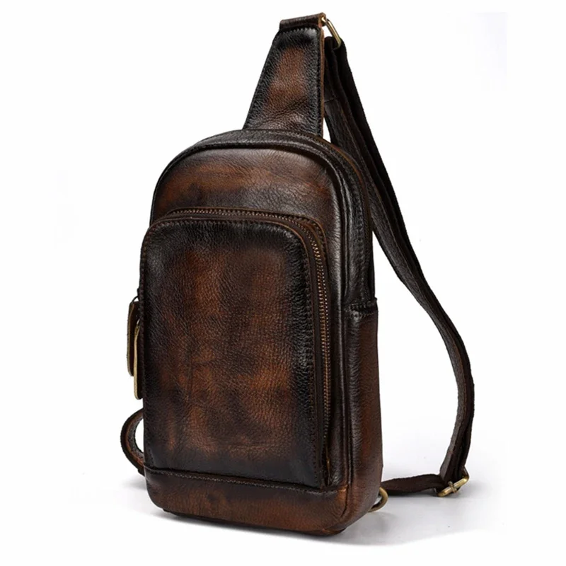 Real Cowhide Men Chest Bag Shoulder Cross body Bags Brush Color Retro Male High Quality Genuine Leather Sling Rucksack Backpack