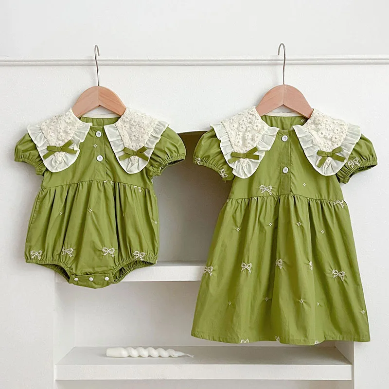 ملابس شقيقة صيفية جديدة لعام 2025 فساتين أميرات للأطفال رومبير للأطفال بأكمام قصيرة مطرز بالقطن فستان حفلات للفتيات الصغيرات #2