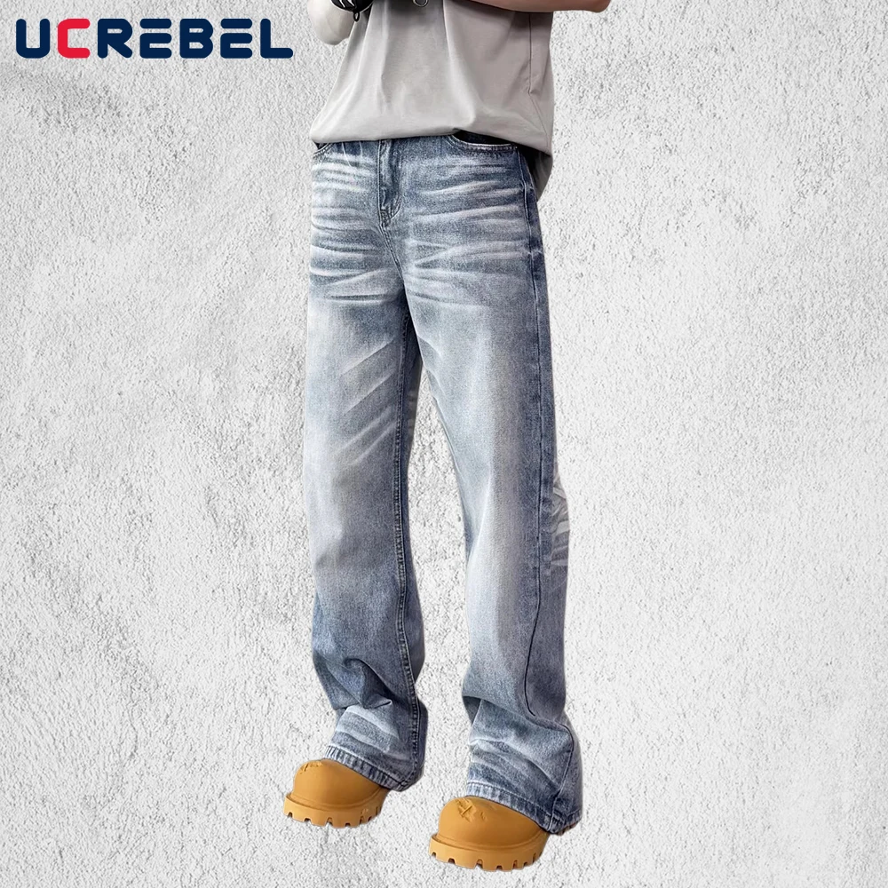 

Washed Distressed Pocket Jeans Mens Retro High Street Straight-leg Baggy Wide Leg Denim Pants Man