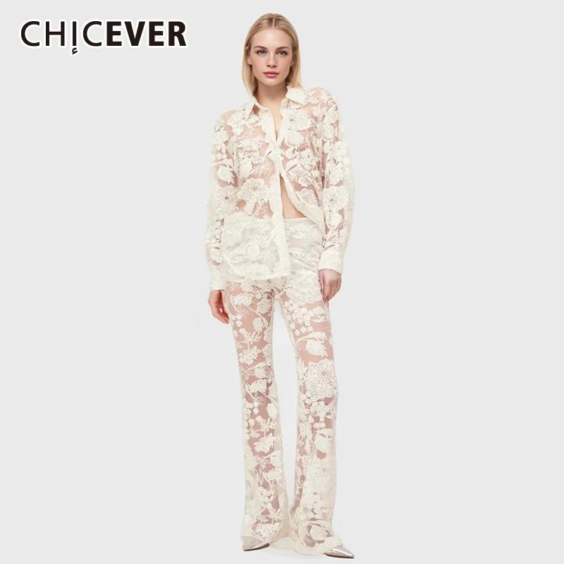 

CHICEVER Hollow Out Two Piece Set For Women Lapel Long Sleeve Blazer High Waist Splice Appliques Skinny Pants Set Female Summer