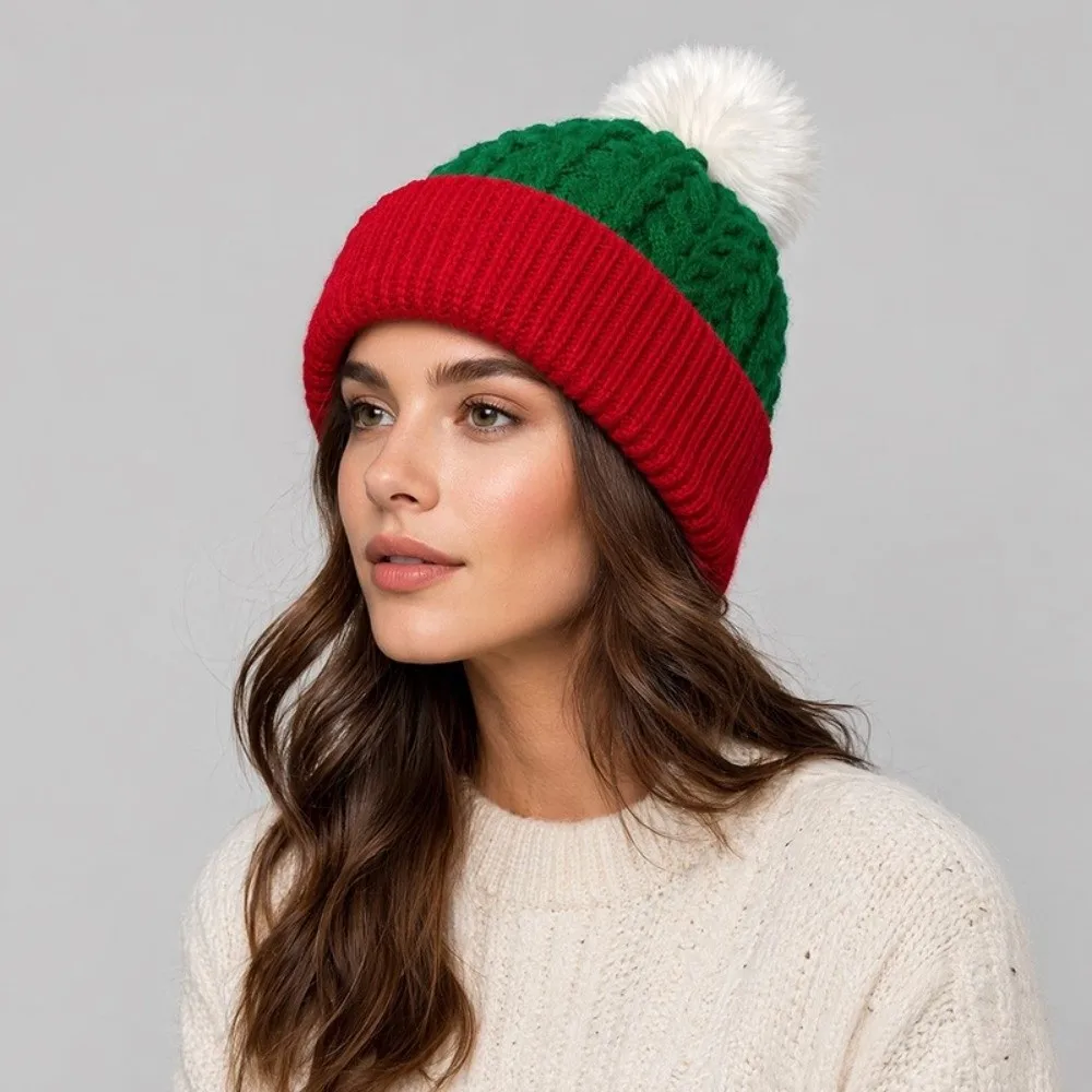 Merry Christmas Hat Christmas Knitted Hat Warm Green Red Santa Beanie Hat Korean Style Woolen Hat Striped Hat Female/Girls