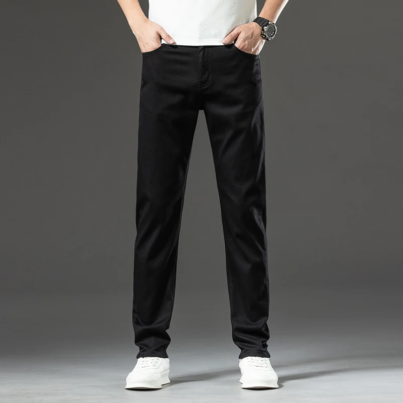 Pure Black Jeans Men's 2024 Business Casual Loose All-Match Fashion Straight Stretch Slim Simple Trousers