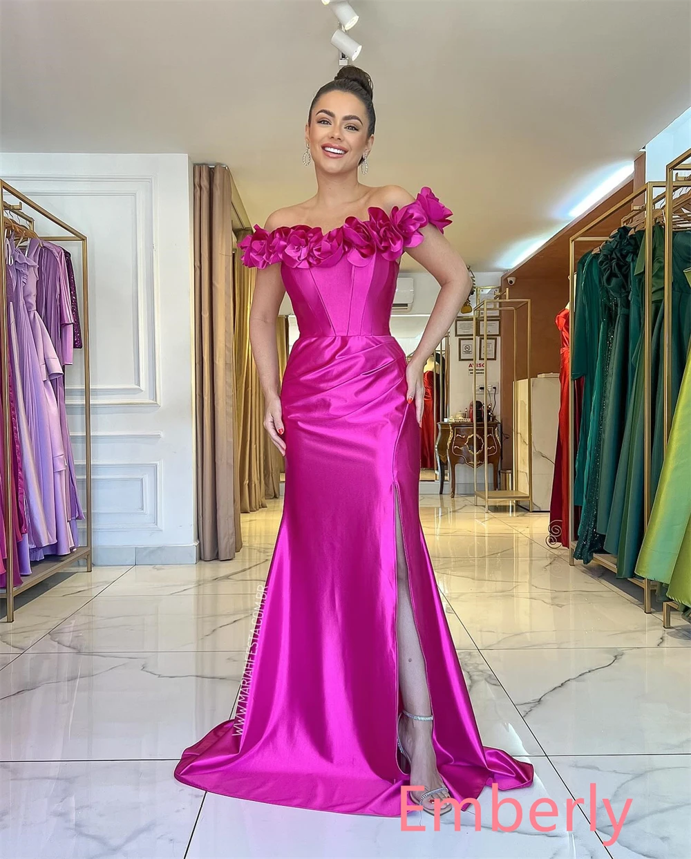 Aangepaste zeemeermin klassieke roze satijnen avondjurk delicate boothals uit de schouder mouwloze feestjurk elegante galajurken