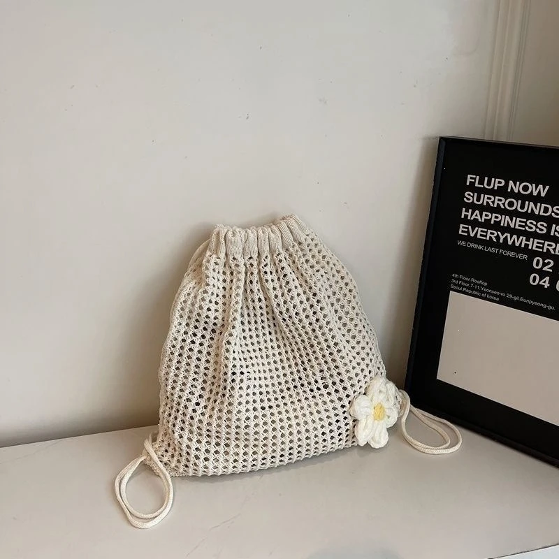 Ladies' Casual Knitted Drawstring Backpack With Hollowed Out Woven Flowers, Summer Beach Daily Vacation Commuting Backpack