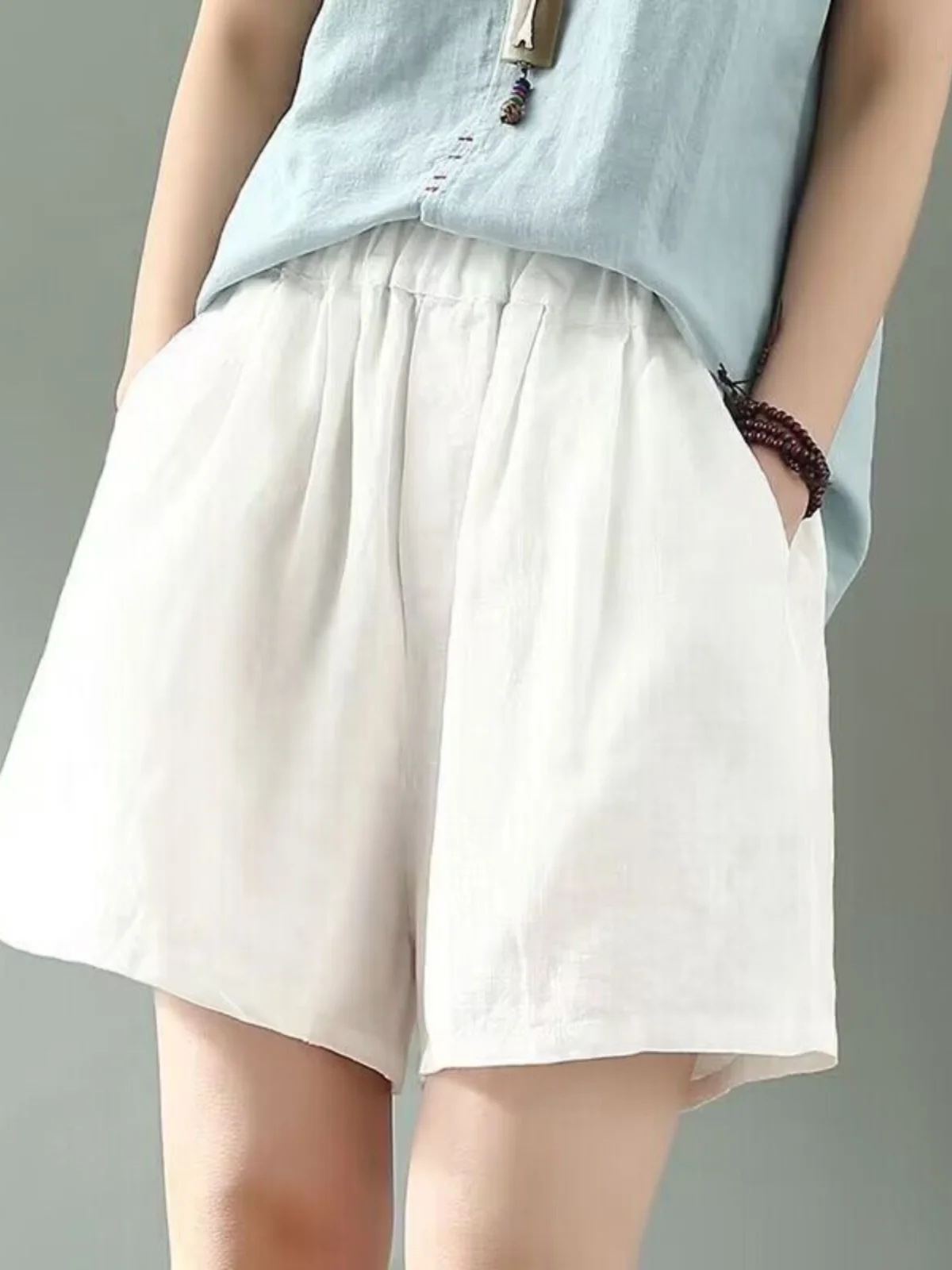 بنطلون صيفي جديد من القطن والكتان واسع الساقين، شورت نسائي غير رسمي فضفاض وخفيف، شورت عصري بخصر مرتفع #4