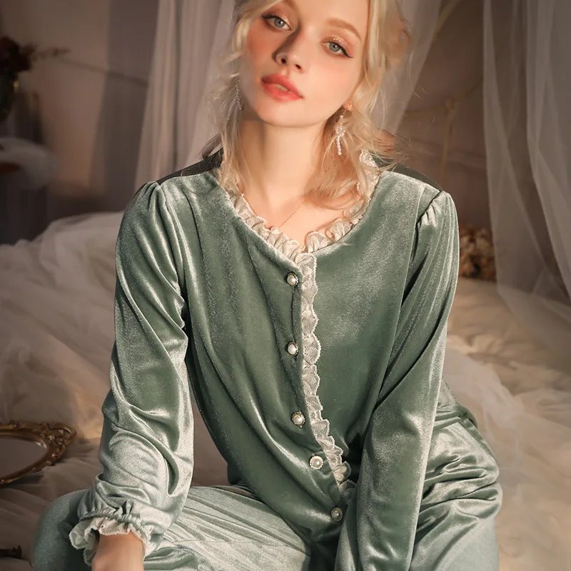 French Lace Women Sleepwear Trouser Pijamas Suit Autumn Winter Velvet Pajamas Set Loungewear Sweet Loose Casual Home Clothes