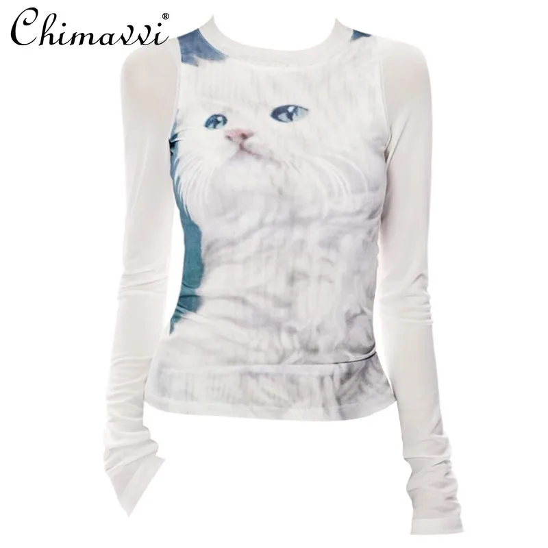 

2024 American Cat Early Autumn Splicing Fake Two-piece Mesh Slim-fit Elastic Printing Round Neck Long-Sleeved T-shirt For Women