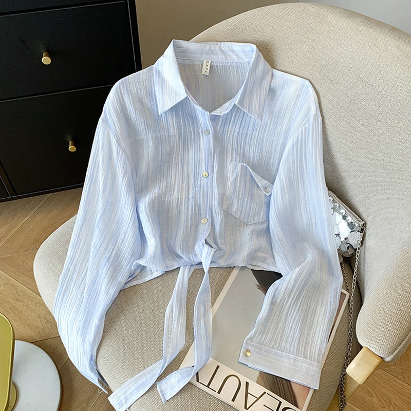 Blusa fina de manga larga con cuello vuelto rosa para mujer, Tops con cordones y una botonadura, camisa de protección solar coreana Chic 2025