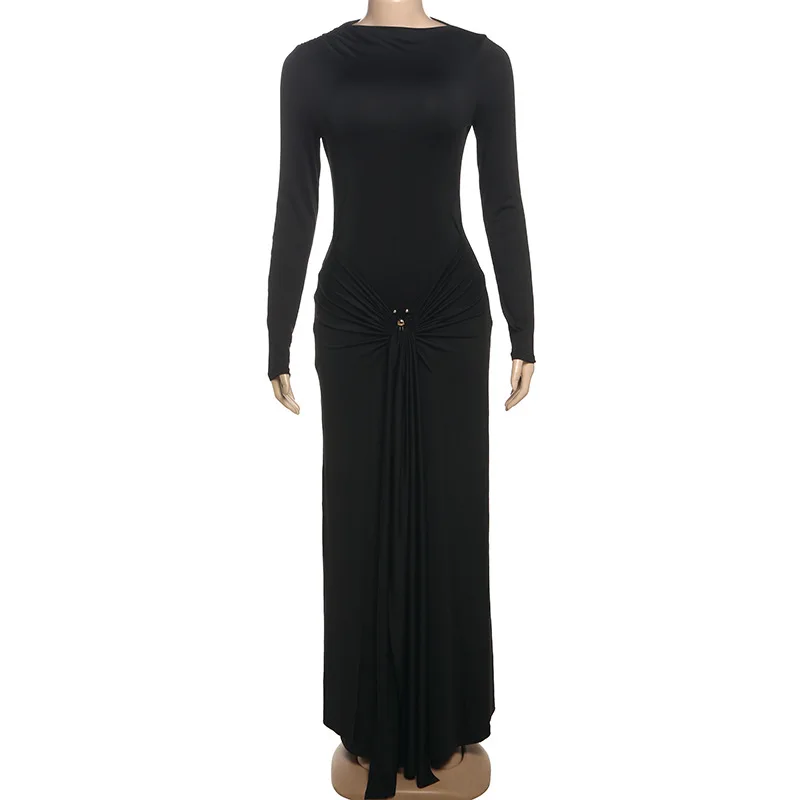 Fmxires à manches longues froncé Sexy robe Maxi femmes robe élégante col rond taille haute boucle en métal moulante Club fête longues robes