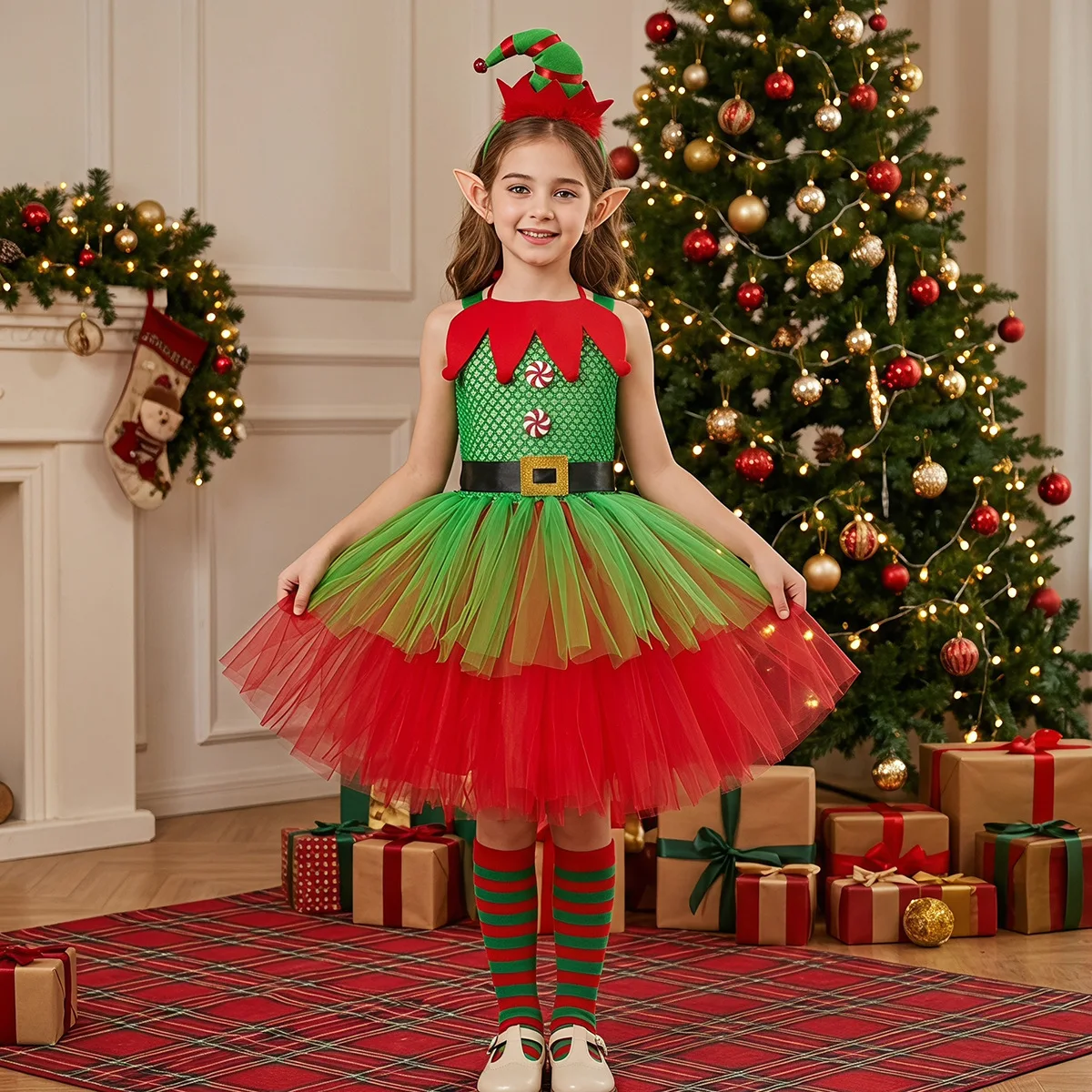 Girls Christmas Elf Costume Green Red Tutu Dress Kids Party Dress  Set Children Xmas Fancy Outfit for Holiday Performance