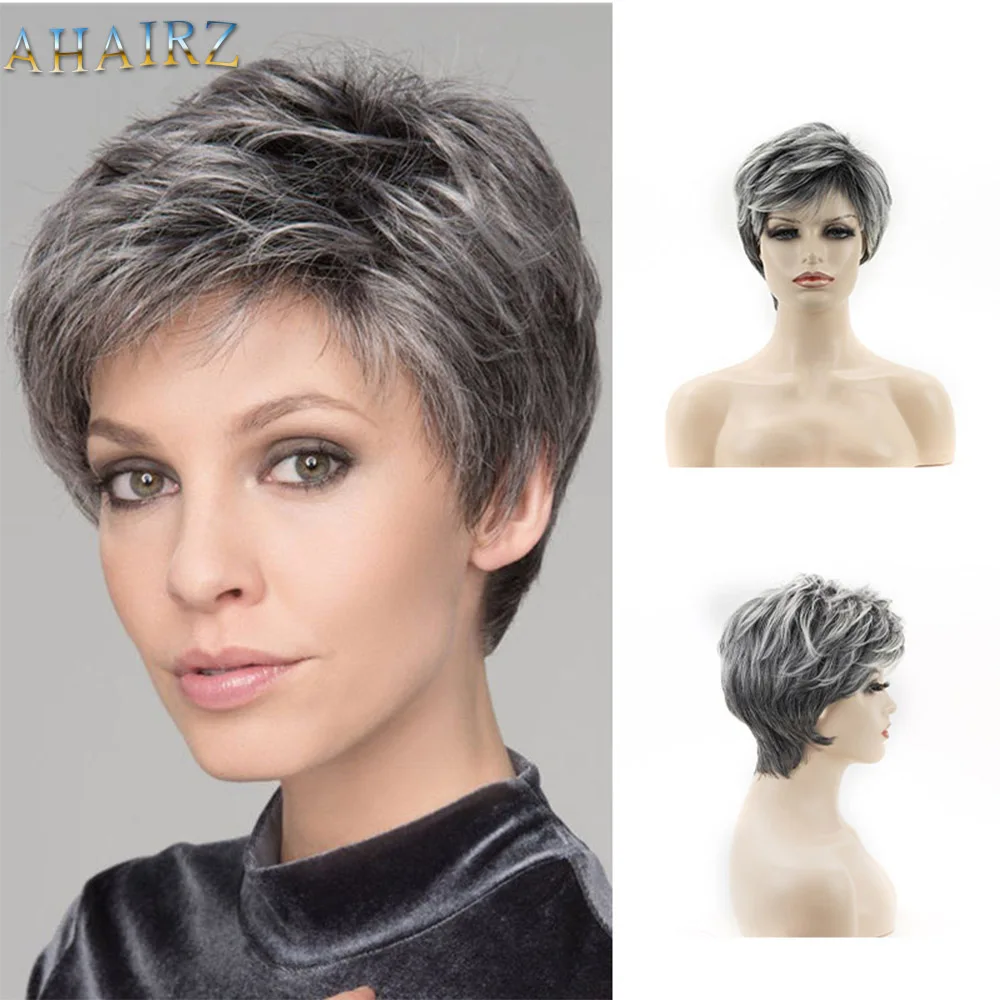 Short Synthetic Fluffy Curly Wigs  Gray White Mixed Wigs Ombre  Natural Fake Hair Wig with Bangs For Woman Daily Wear Wigs