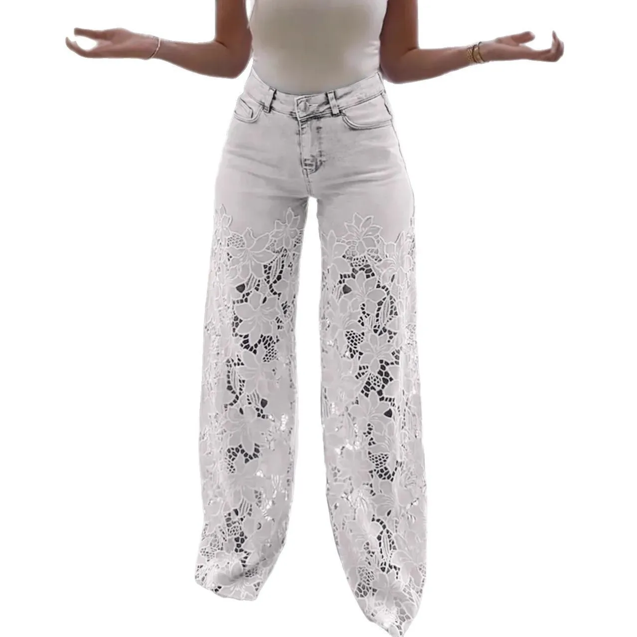 Hollow Out Flower Patchwork Jeans Women Fashion Temperament All-match Solid Color Straight Denim Trousers Female Streetwear New