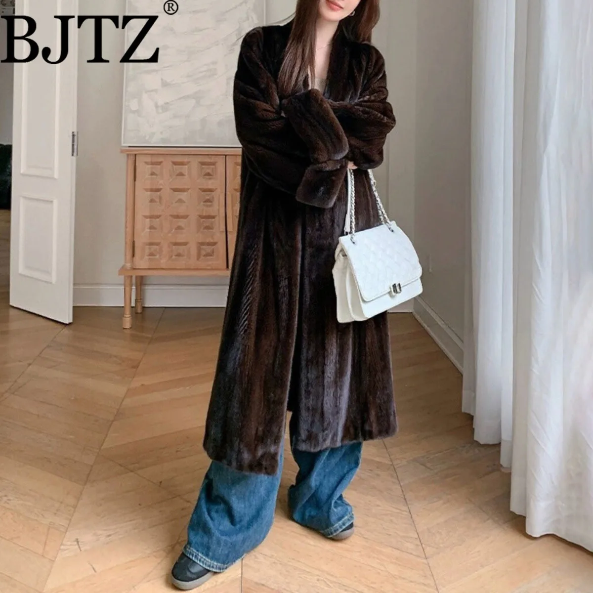 

BJTZ Women's Luxury Faux Fur Coat Long Elegant Retro V-Neck Color Block Coffee Brown Office Warm Winter Outerwear Designer