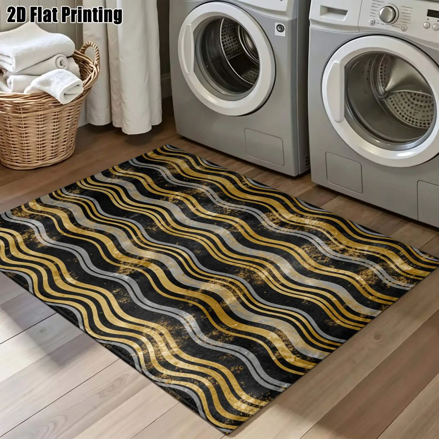 1Pc 2D Printed Carpet: Black, Gold & Gray Wave Stripe, Modern Geometric Pattern, Machine Washable, Multi-Size for Home Decor & Multi-Scene Use