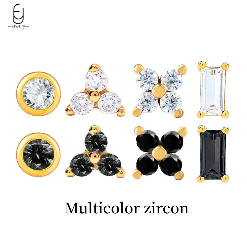 

925 Sterling Silver Needle Round Colorful Crystal Geometry Stud Earrings for Women Fashion Piercing Earring Party Fine Jewelry