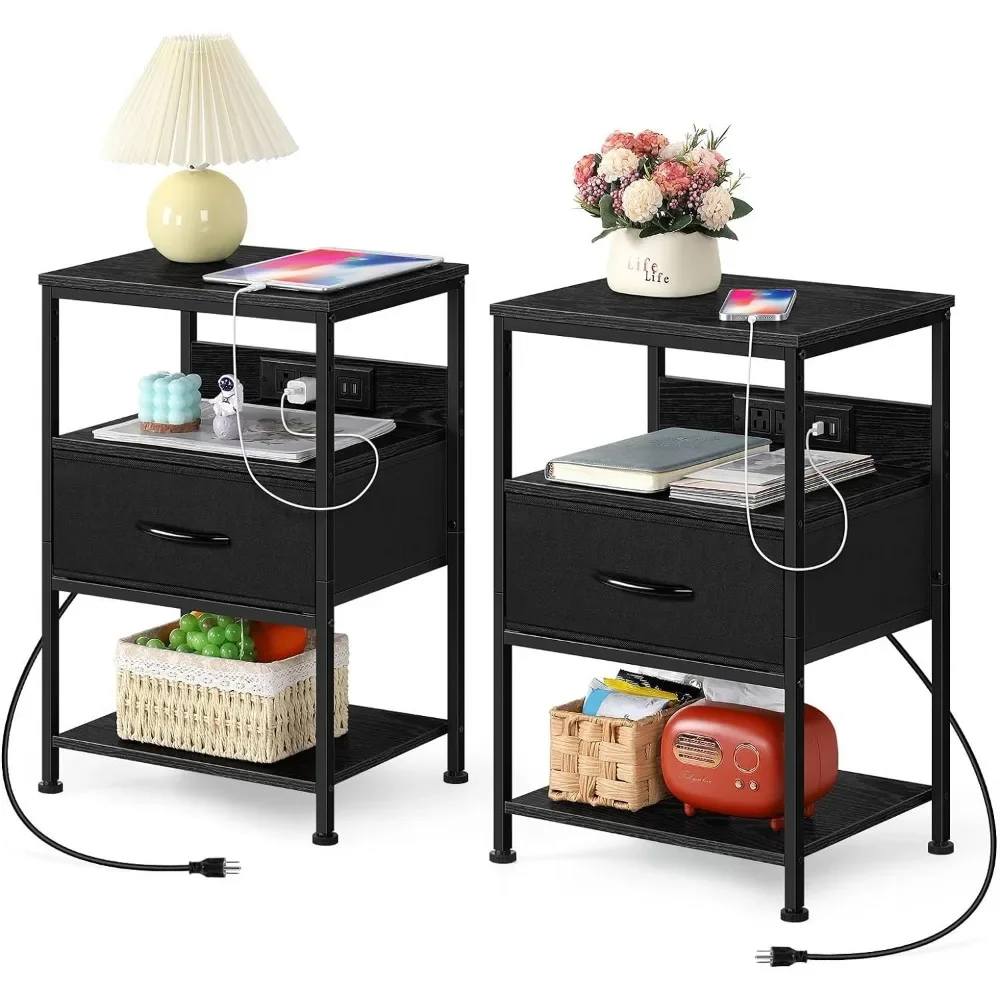 

Nightstand with Charging Station with Fabric Storage Drawer Narrow Bed Side Table with USB Ports and Outlets Freight free