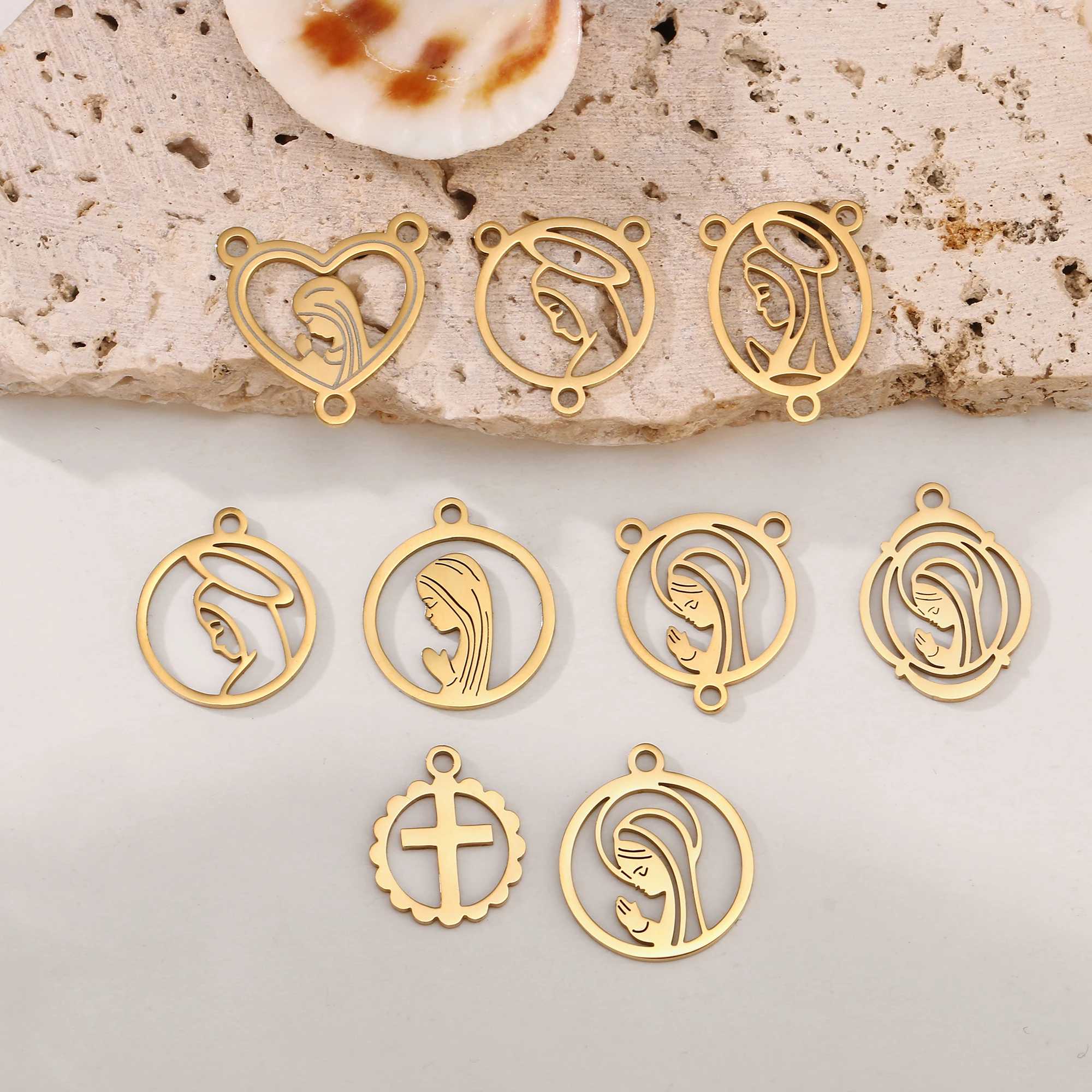 5 Stück Jungfrau Maria Verbindungsanhänger aus Edelstahl, Exquisite 3-Loch Unsere Liebe Frau Gliederanhänger für DIY Halsketten und Armbänder – Detail 8