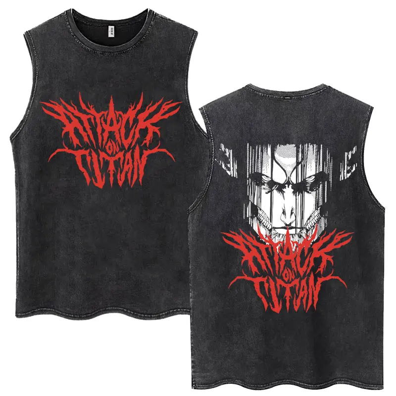 Аниме Атака Титанов Эрен Йегер Промытые майки Мужская мода Harajuku Ретро футболка без рукавов Повседневные хлопковые свободные футболки Мужские